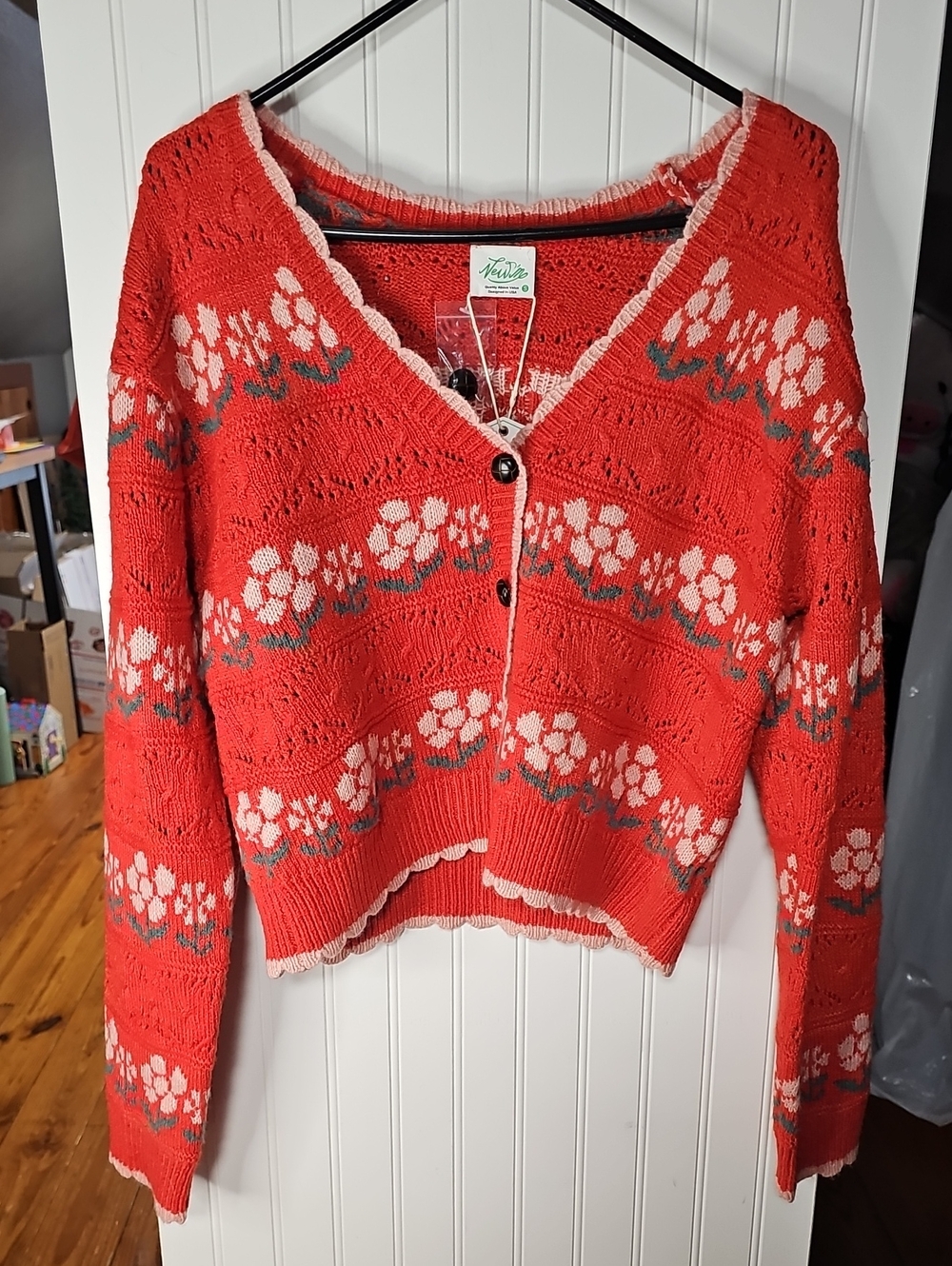 Red Floral V-Neck Knit Sweater
